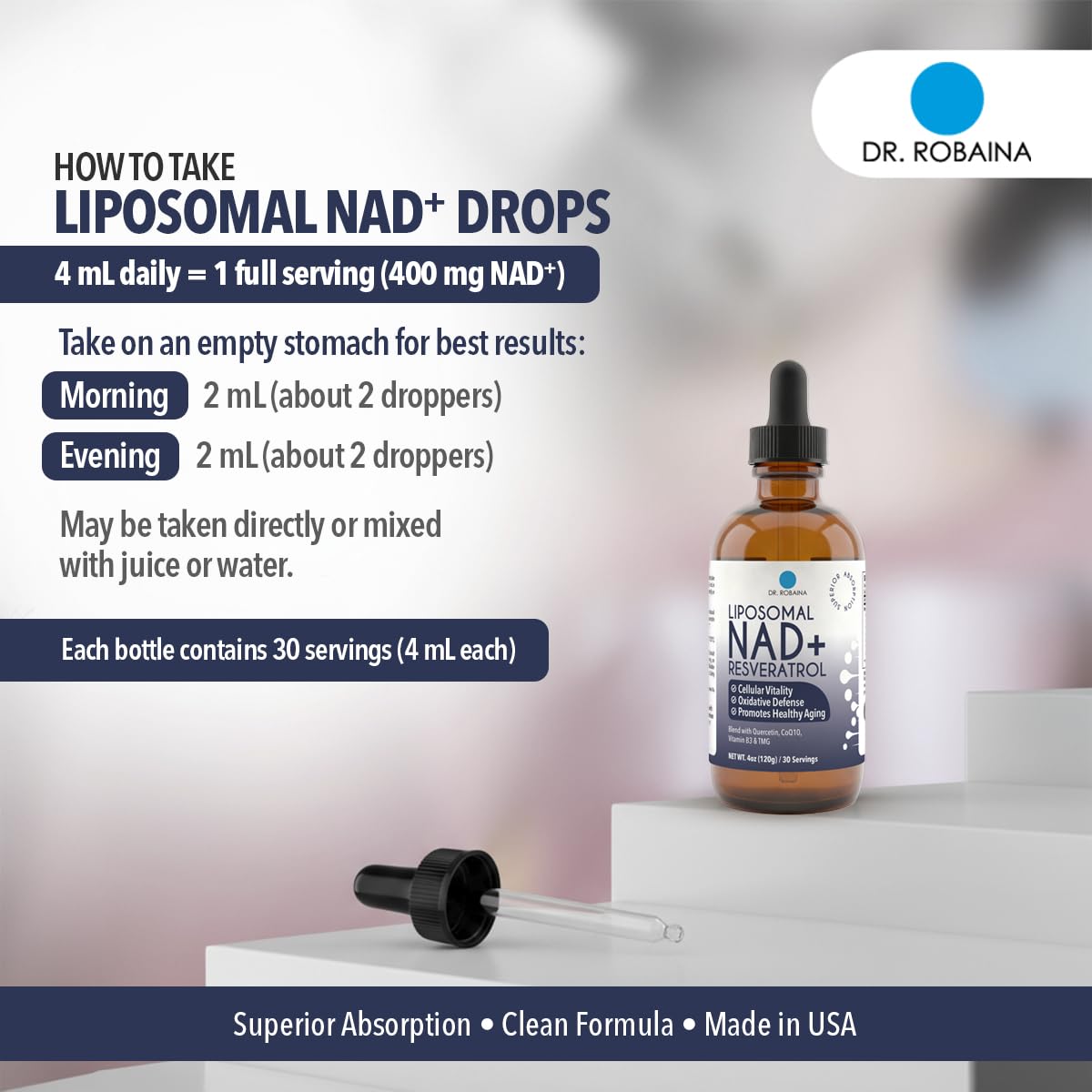 4 mL serving dosage shown with dropper for NAD⁺ liquid drops