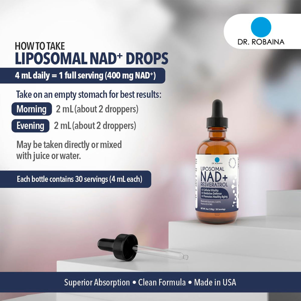 4 mL serving dosage shown with dropper for NAD⁺ liquid drops