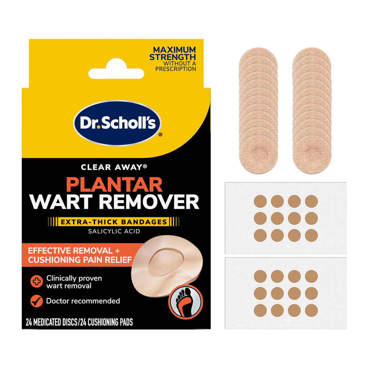 Dr Scholl's Clear Away bandages packaging shows at-home wart treatment.