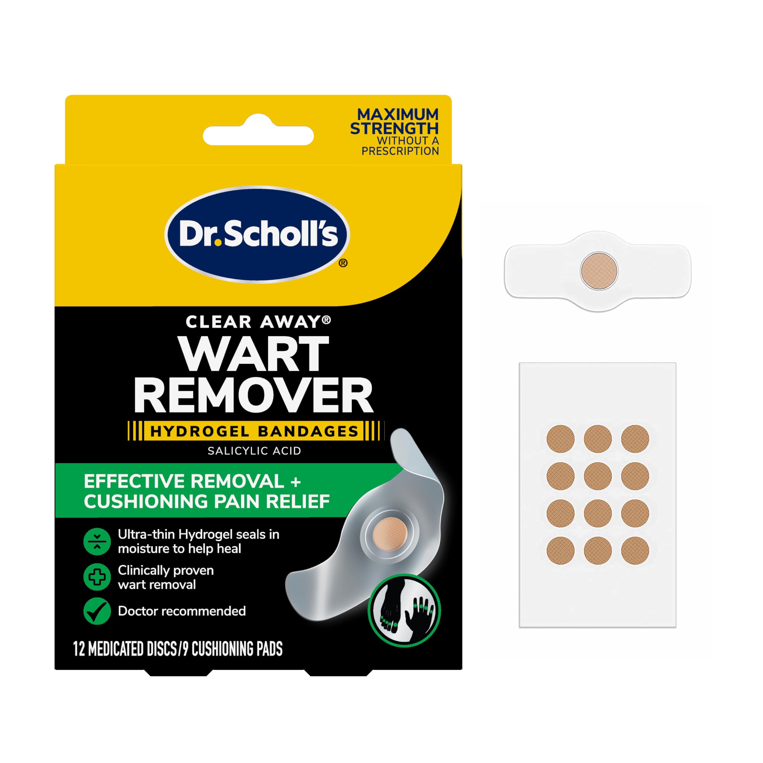 Dr. Scholl's Clear Away bandages on fingers show discreet wart treatment with targeted hydrogel action