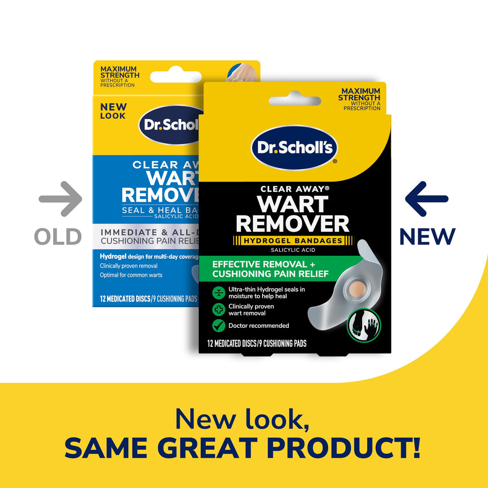 Dr. Scholl's Clear Away wart remover bandages in a pocket pack for convenient, durable coverage