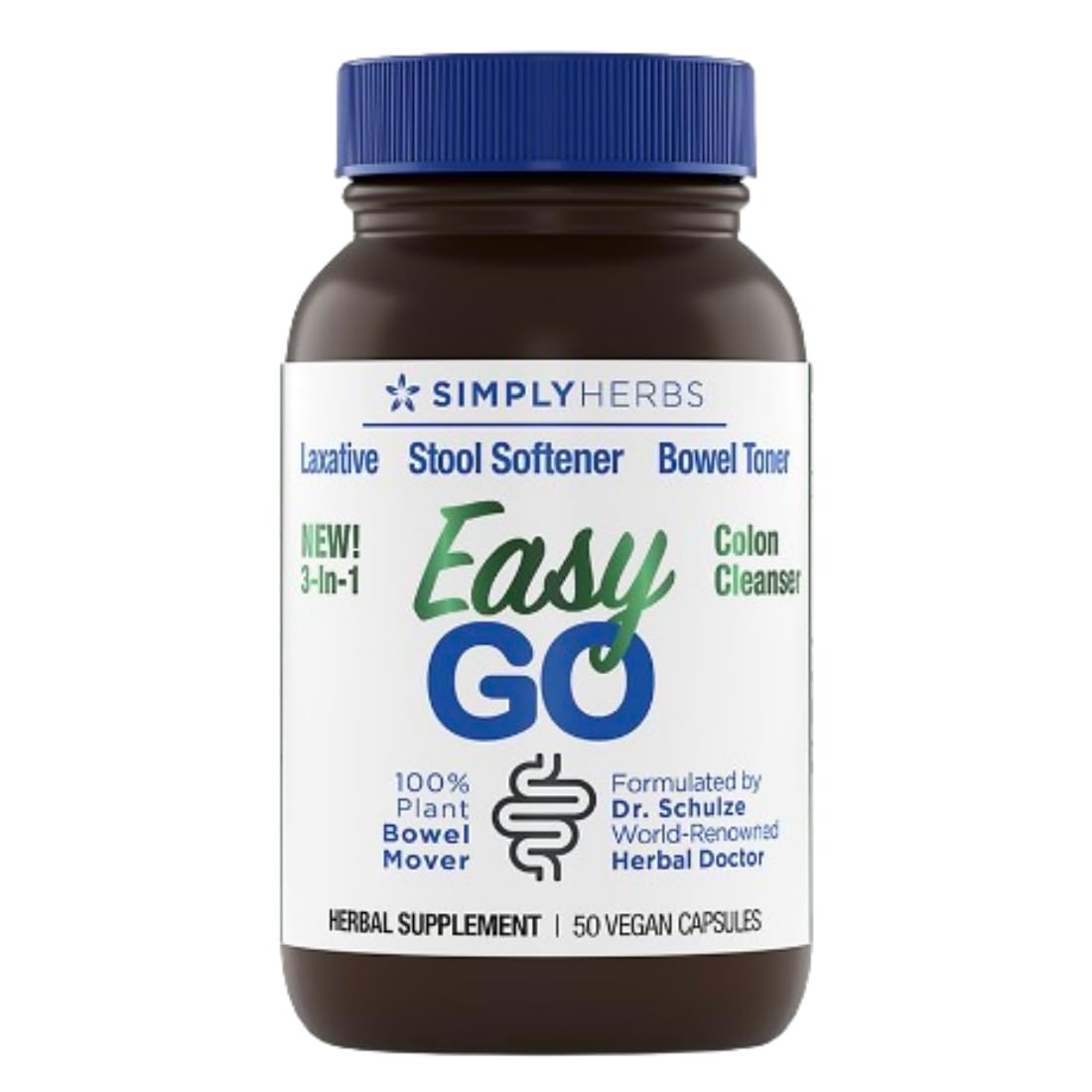 Dr. Schulze's Easy Go Bowel Mover bottle front with vegan capsules for daily digestive support