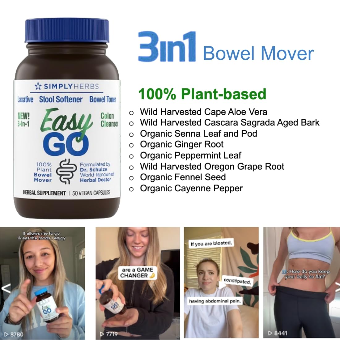 Close-up of Dr. Schulze's Easy Go Bowel Mover capsules highlighting plant-based ingredients