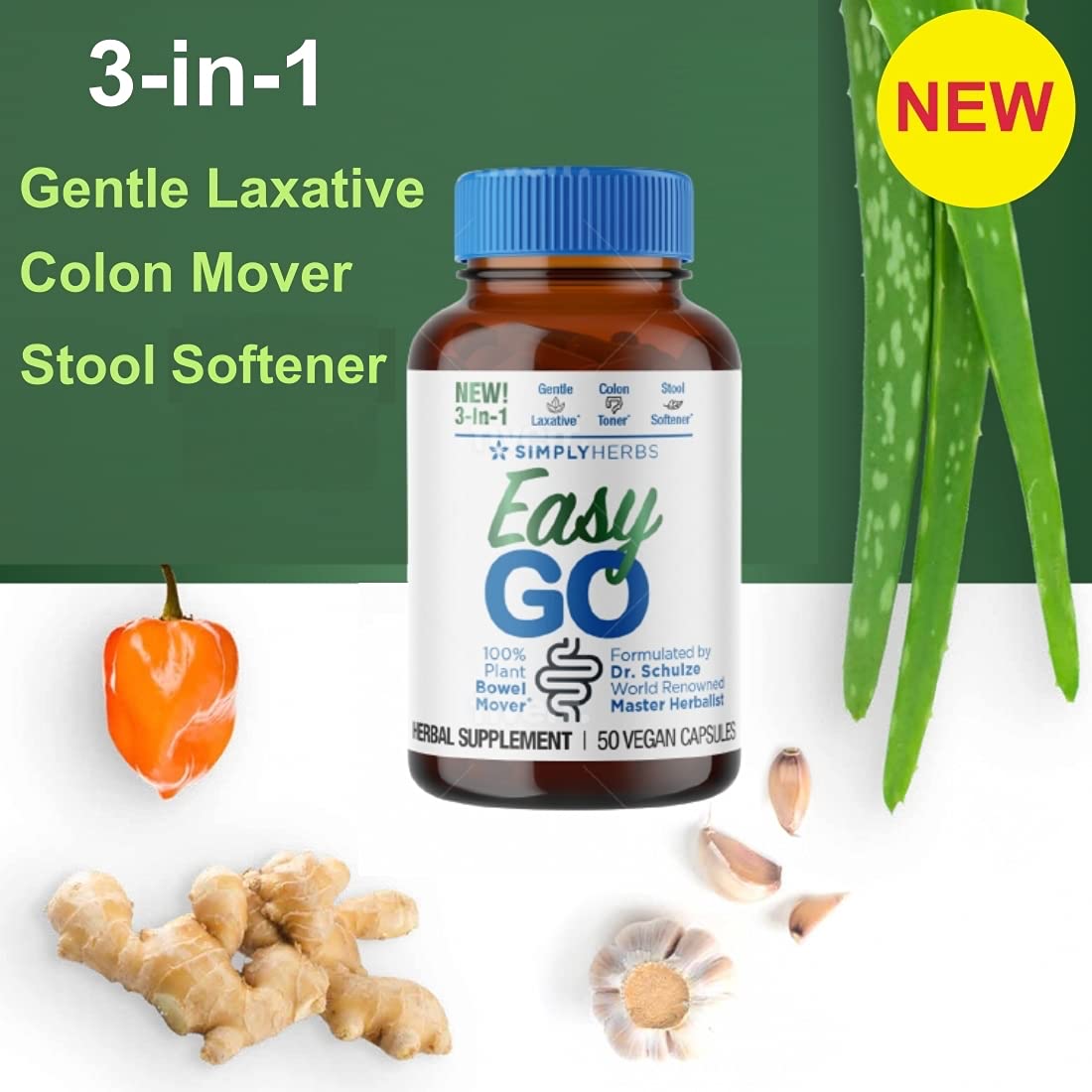 Capsules in hand from Dr. Schulze's Easy Go Bowel Mover illustrating convenient daily bowel movement support