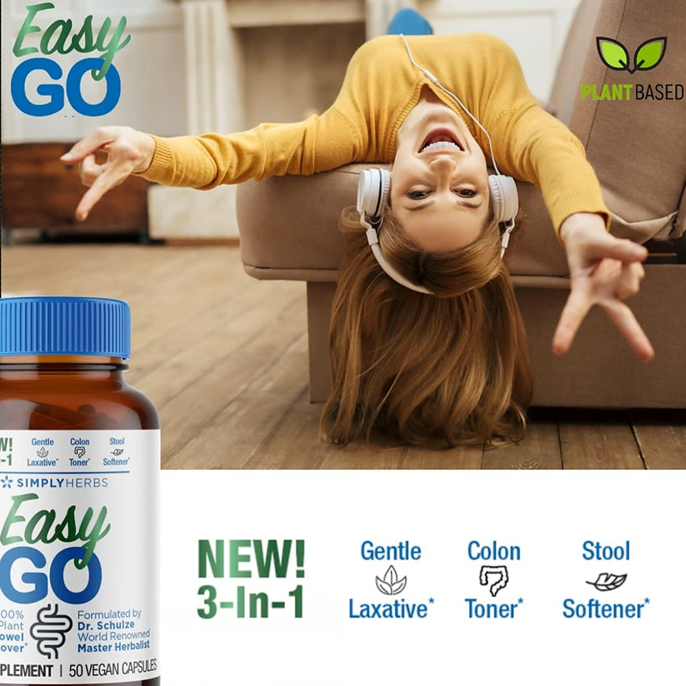 Kitchen scene with Dr. Schulze's Easy Go Bowel Mover bottle suggesting easy routine colon health