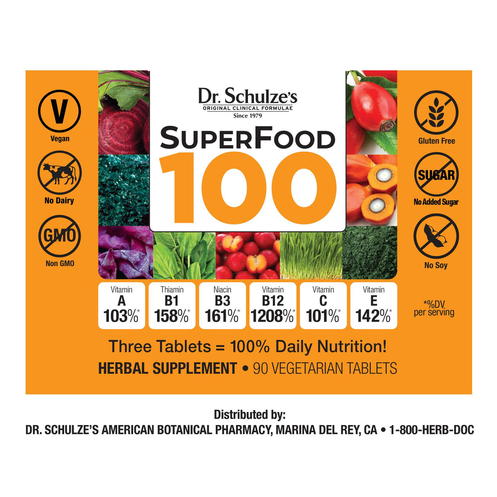 Dr. Schulze's SuperFood 100 label details gluten-free and vegan benefits.