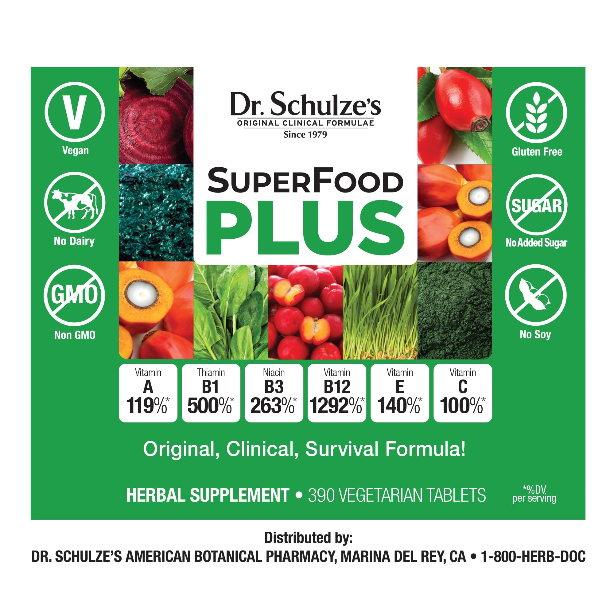 Lifestyle scene with healthy foods and Dr. Schulze's SuperFood Plus