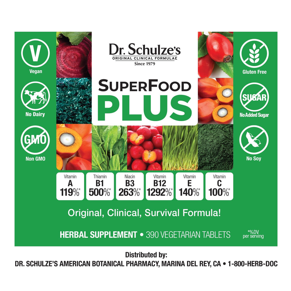 Lifestyle scene with healthy foods and Dr. Schulze's SuperFood Plus