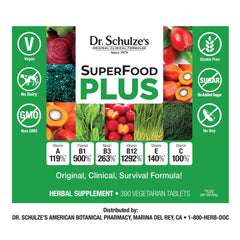 Lifestyle scene with healthy foods and Dr. Schulze's SuperFood Plus
