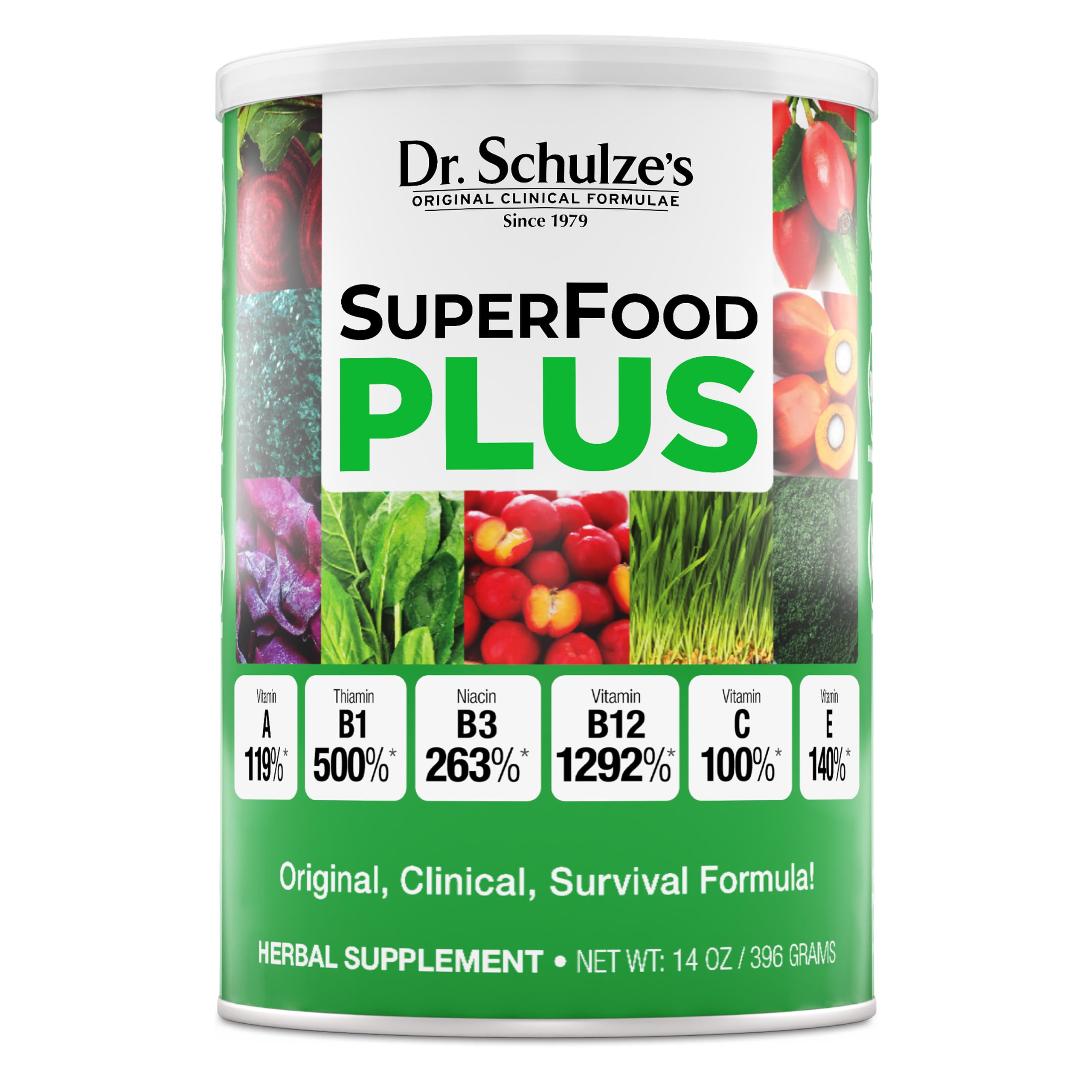 Dr. Schulze's SuperFood Plus bottle front for daily nutrition on the go.