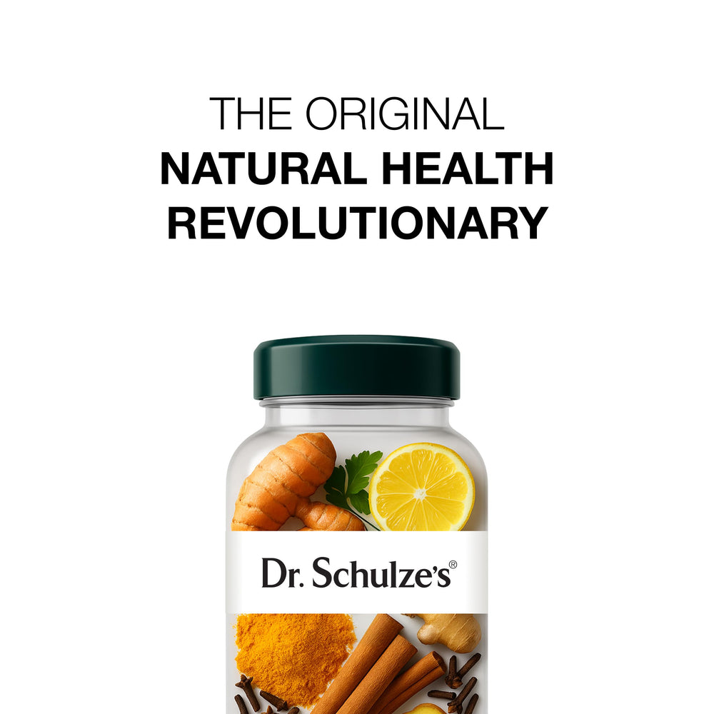 Dr. Schulze's SuperFood Plus daily dose near a glass, highlighting energy support.