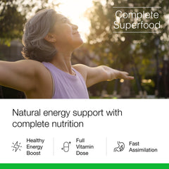 Dr. Schulze's SuperFood Plus label close-up indicating vegan and gluten-free promise.
