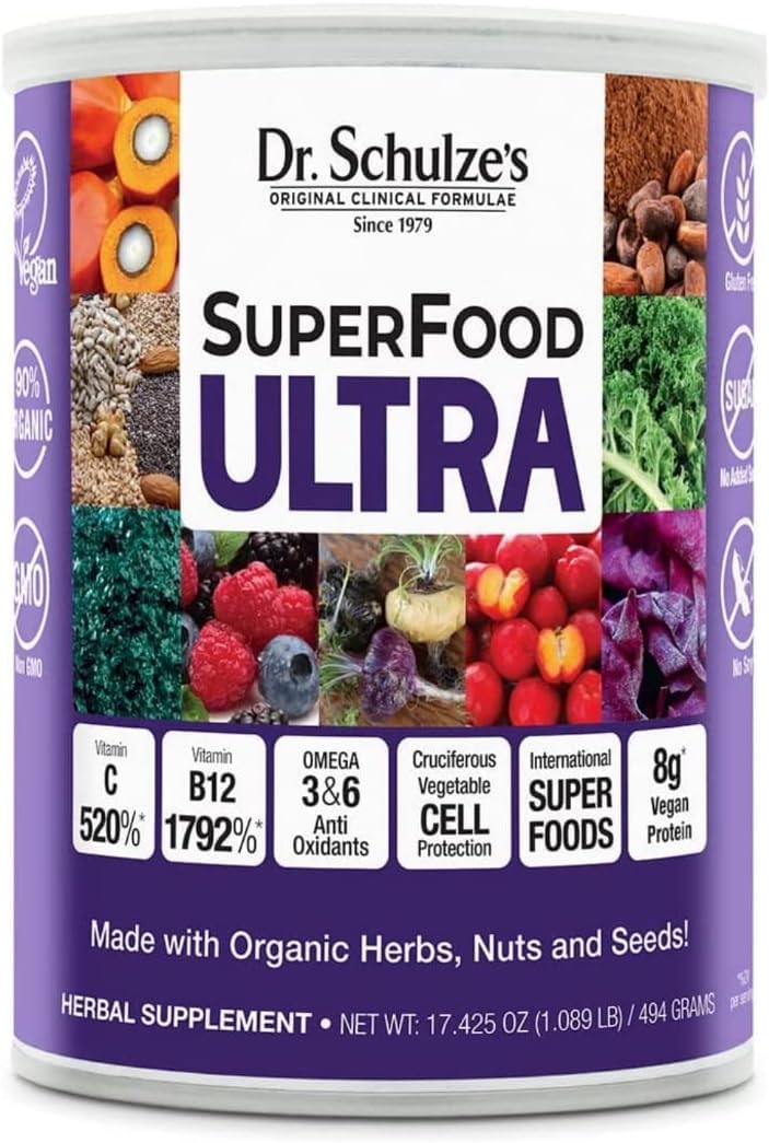 Front label of Dr. Schulze's SuperFood Ultra organic powder, 17.4 oz