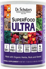 Front label of Dr. Schulze's SuperFood Ultra organic powder, 17.4 oz