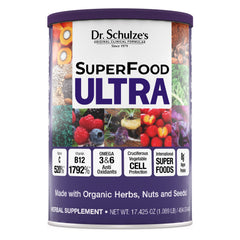 Packaging of Dr. Schulze's SuperFood Ultra in a 17.4 oz canister for daily use.