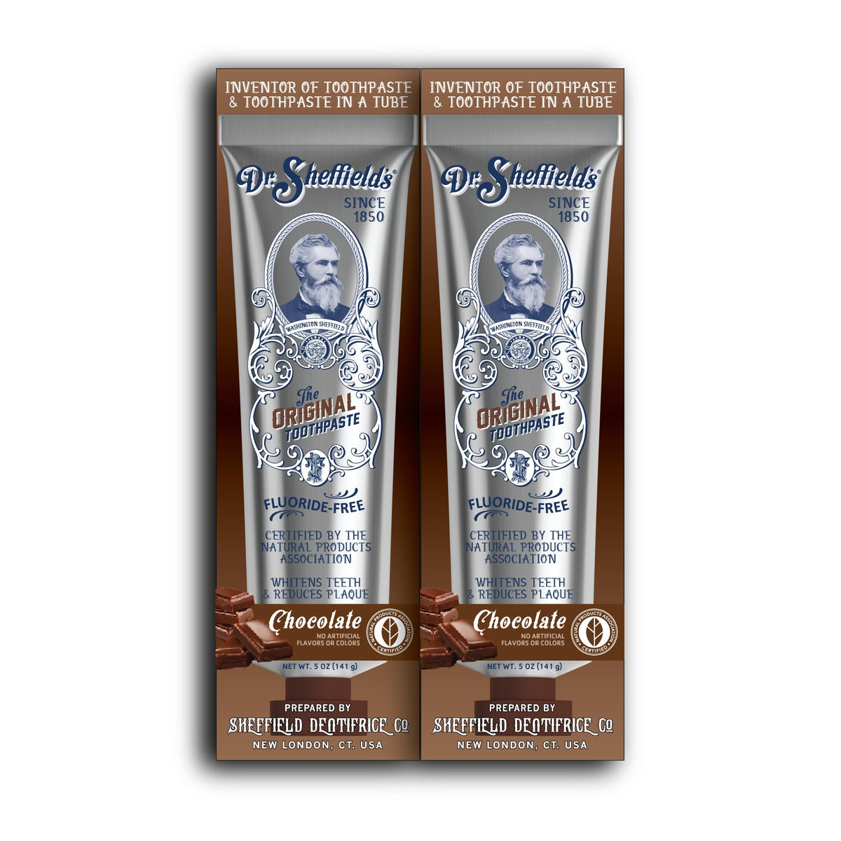 Front view of Dr. Sheffield’s Certified Natural Toothpaste Chocolate 2-Pack