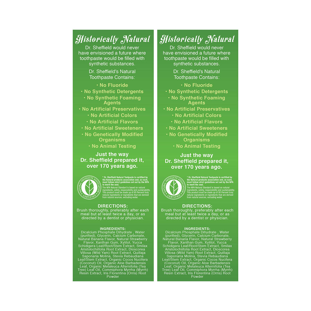 Side view of 2-pack packaging for Dr. Sheffield’s Strawberry Banana toothpaste