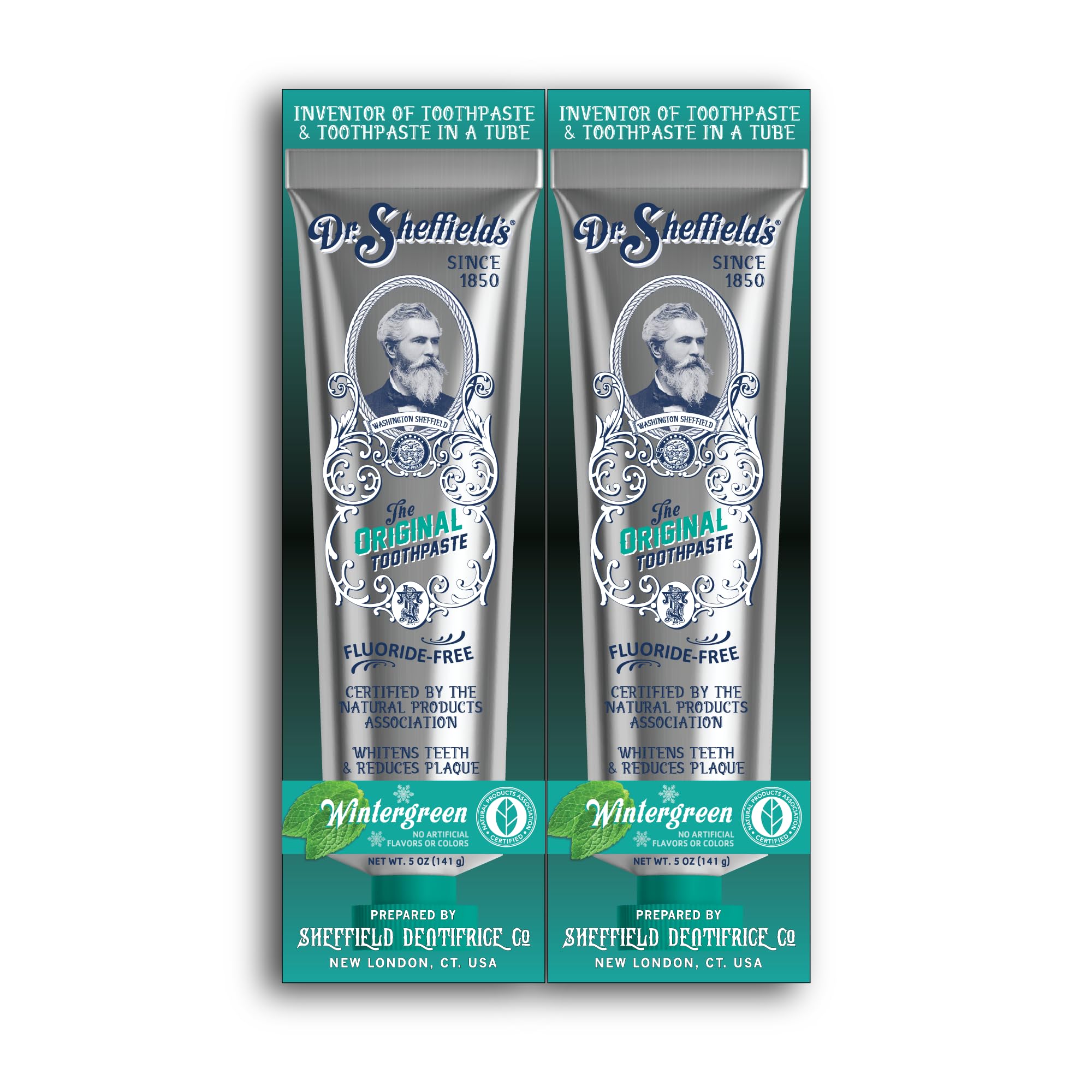 Front label of Dr. Sheffield's Certified Natural Toothpaste Wintergreen 2-Pack