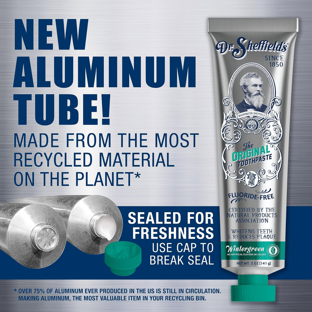 Natural ingredients badge on Dr. Sheffield's Wintergreen toothpaste box