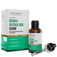Dr. Sheth's Gulab serum bottle front showing rose-infused formula for smoother skin