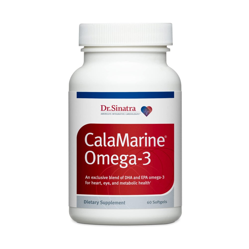 Bottle of Dr. Sinatra CalaMarine Omega-3 supplement with DHA and EPA