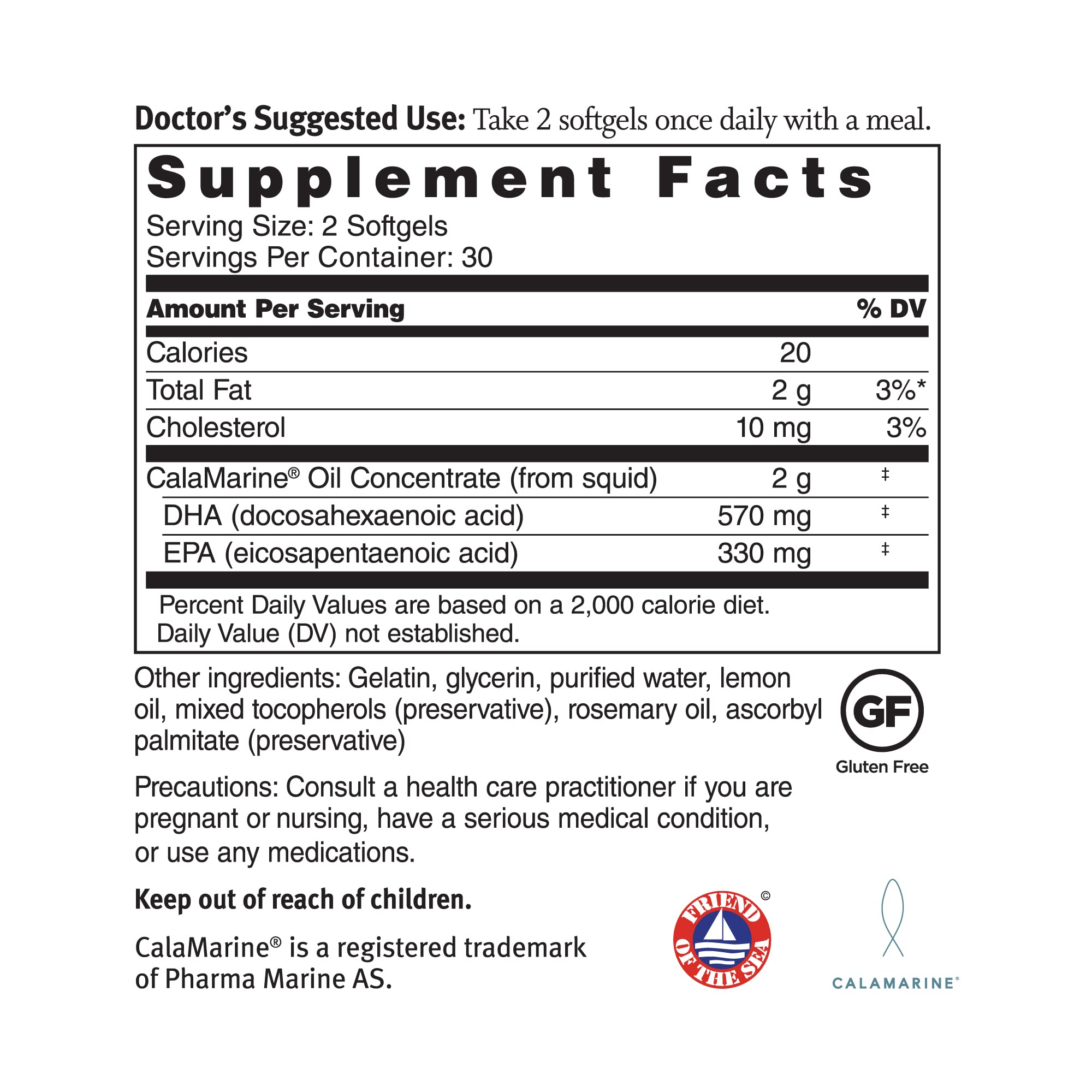 Close-up of CalaMarine Omega-3 softgels showing clear oil capsules