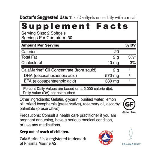 Close-up of CalaMarine Omega-3 softgels showing clear oil capsules