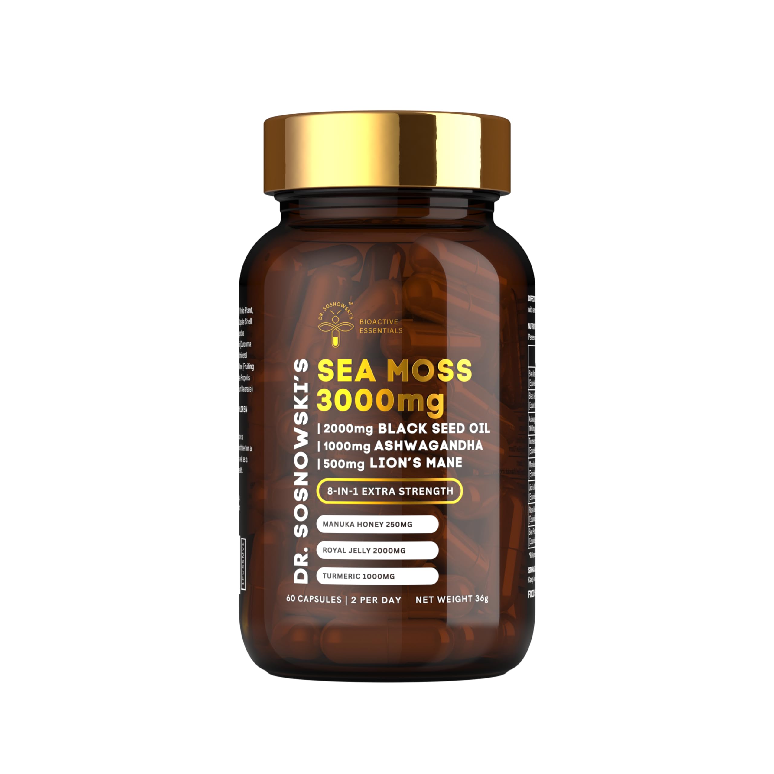 Front view of Dr Sosnowski's BioActive Sea Moss bottle - 60 capsules
