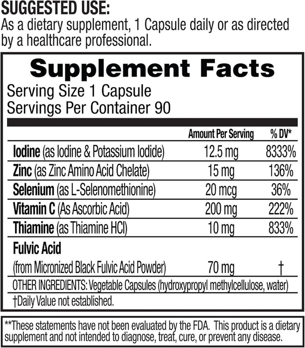 Dr. Tennant's Iodine Supplement Plus bottle side, details on ingredients like selenium and zinc for enhanced absorption.