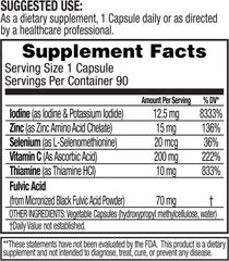 Dr. Tennant's Iodine Supplement Plus bottle side, details on ingredients like selenium and zinc for enhanced absorption.