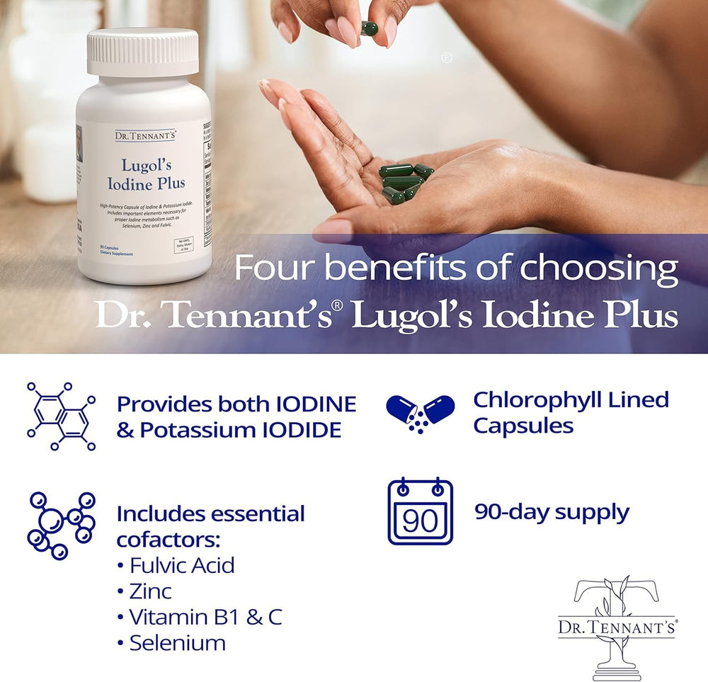 Dr. Tennant's Iodine Supplement Plus capsules, a pure and potent daily capsule for convenience.