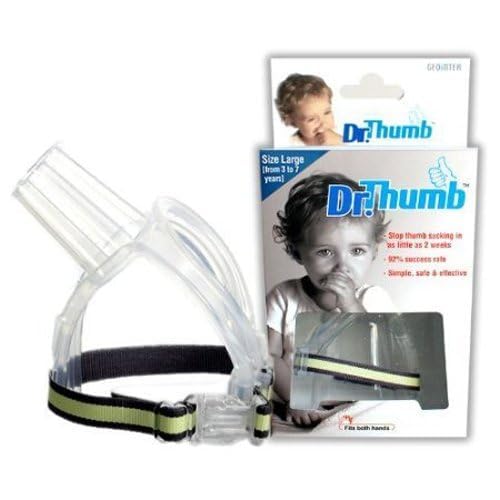 Dr. Thumb Thumb Guard worn on a child's hand, large size for ages 3-7