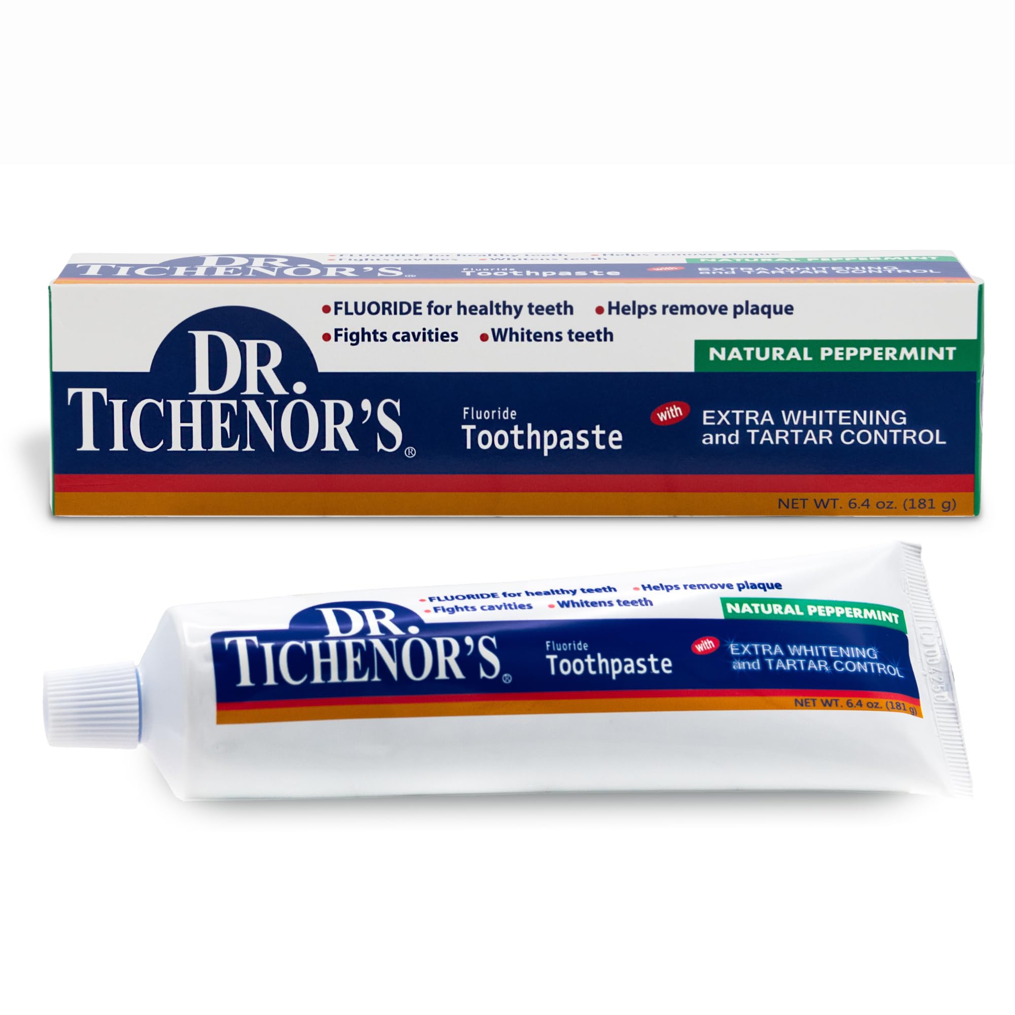 Packaging of Dr. Tichenor's Extra Whitening toothpaste 6.4 oz pack of 2