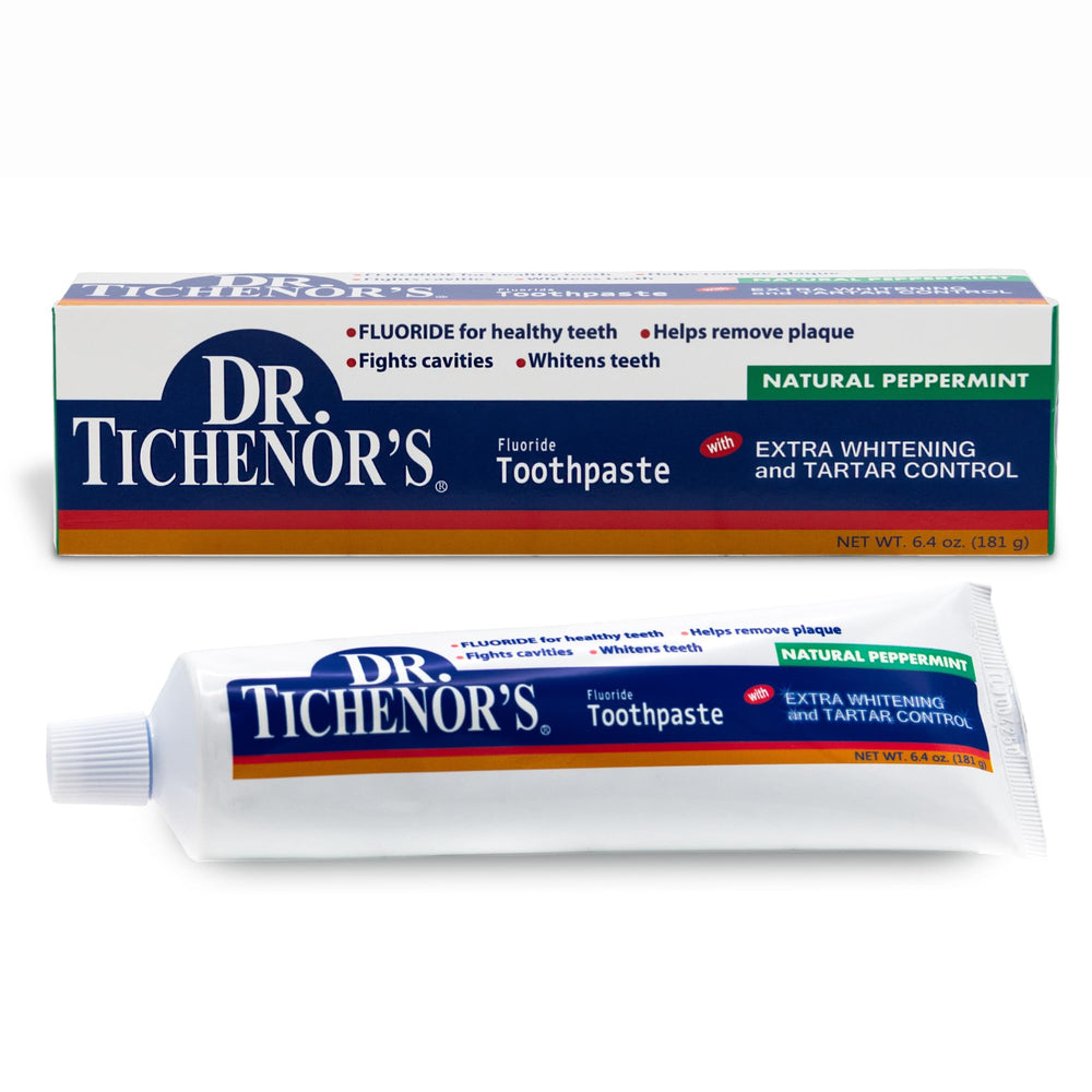 Packaging of Dr. Tichenor's Extra Whitening toothpaste 6.4 oz pack of 2