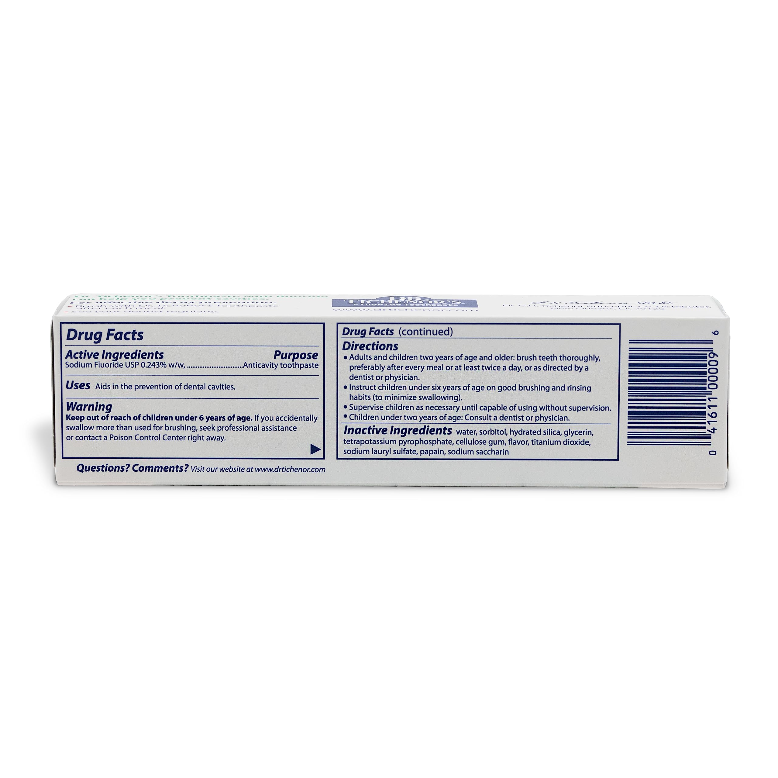 Close-up of Dr. Tichenor's toothpaste labeling highlighting peppermint flavor