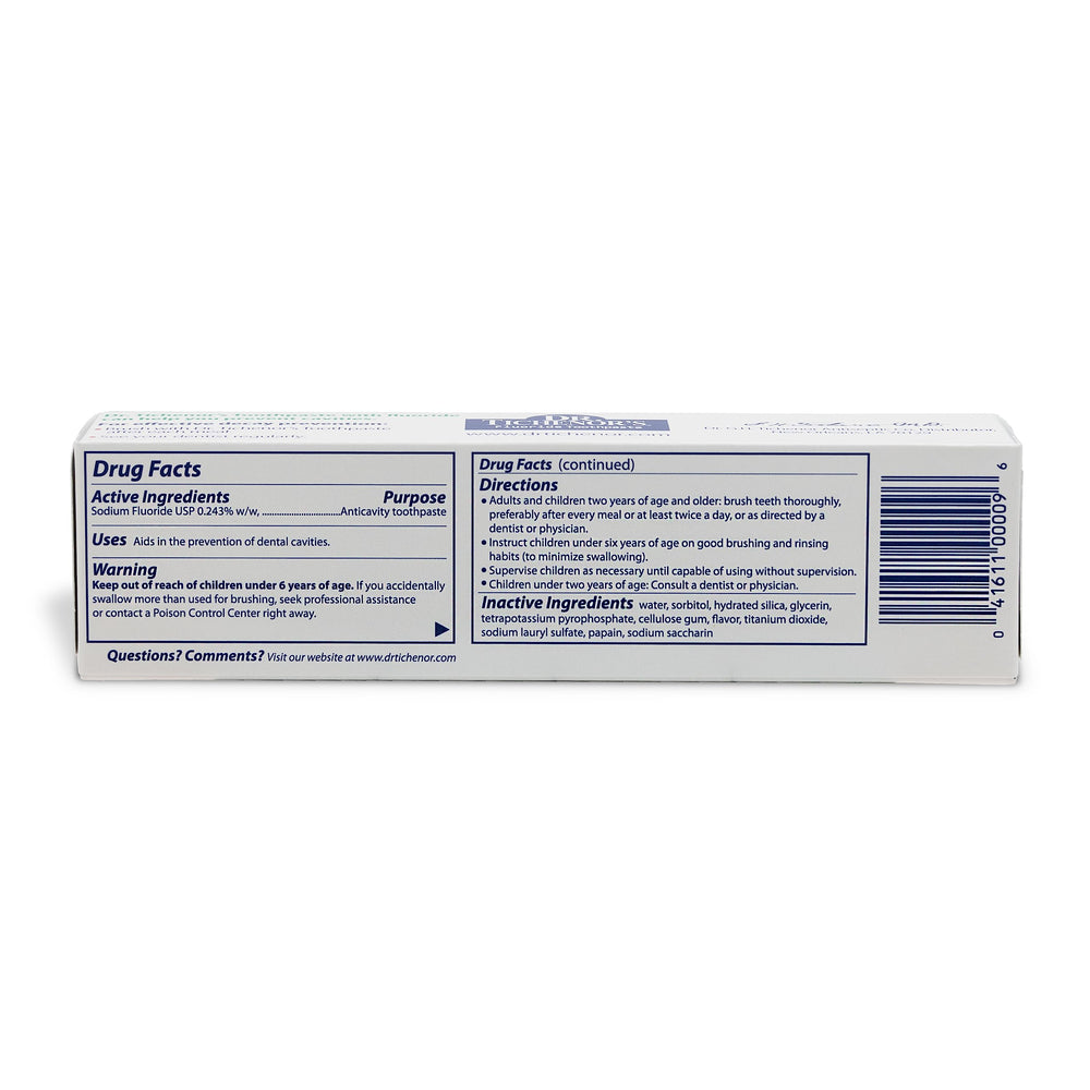 Close-up of Dr. Tichenor's toothpaste labeling highlighting peppermint flavor