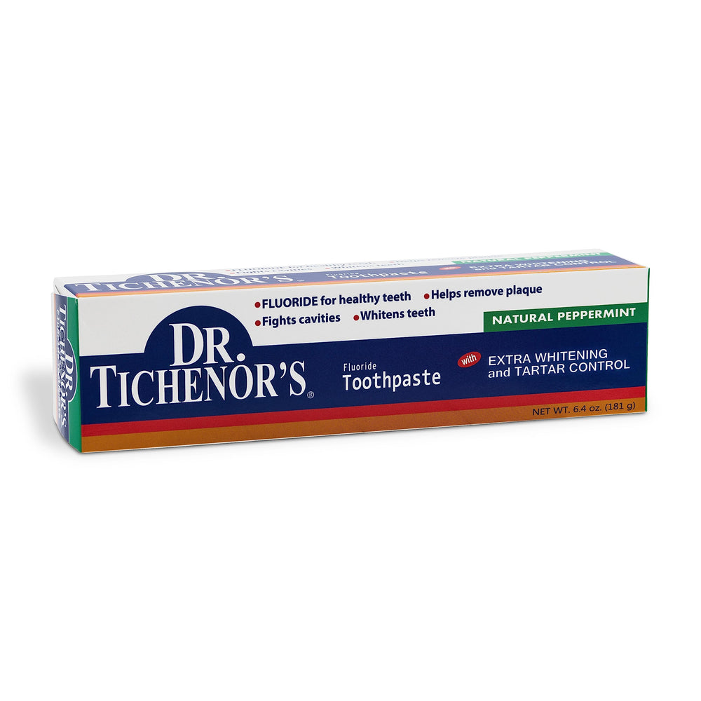 Brushed teeth with whitening effect using Dr. Tichenor's toothpaste