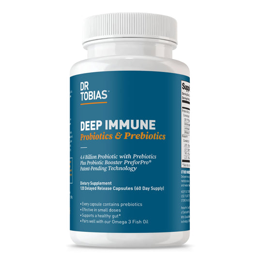 Bottle of Dr. Tobias Deep Immune Probiotics & Prebiotics with label visible