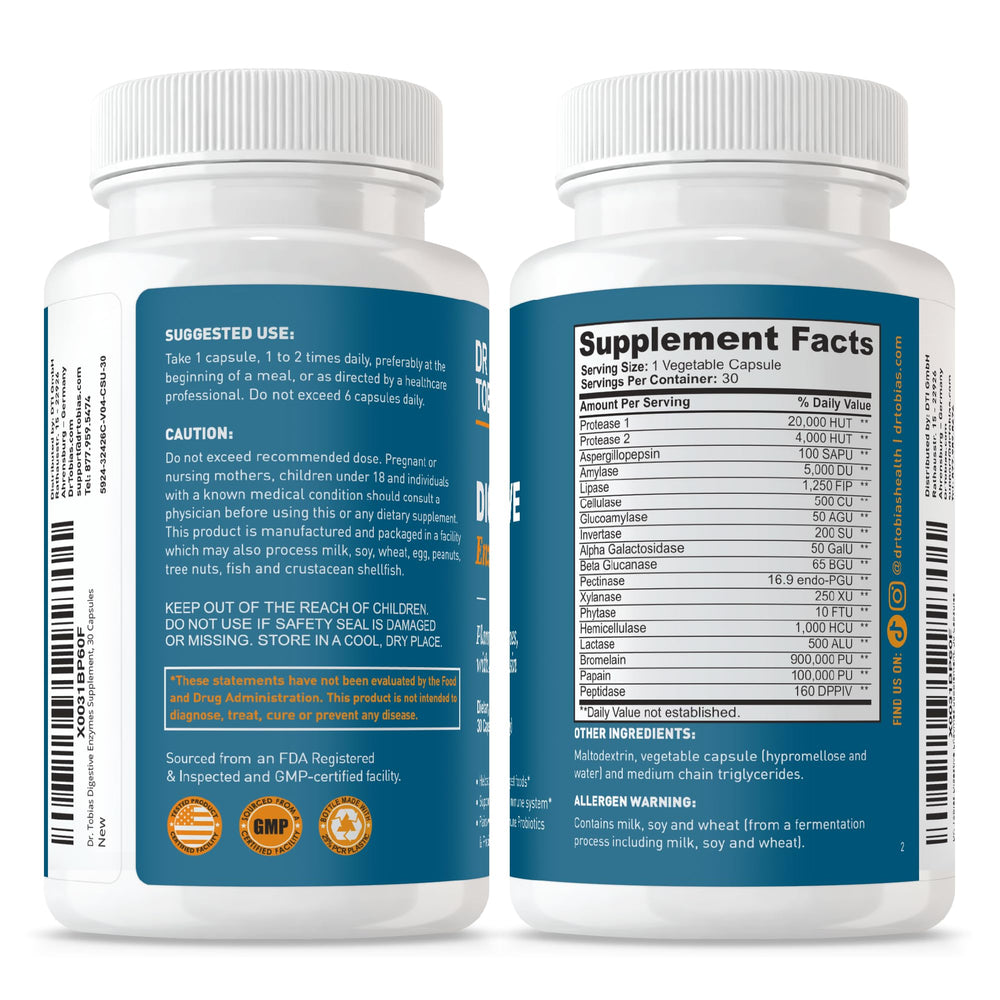 Close-up of Dr. Tobias Digestive Enzymes bottle with label