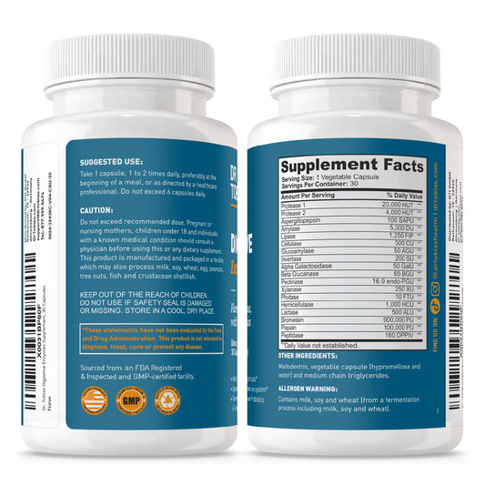 Close-up of Dr. Tobias Digestive Enzymes bottle with label