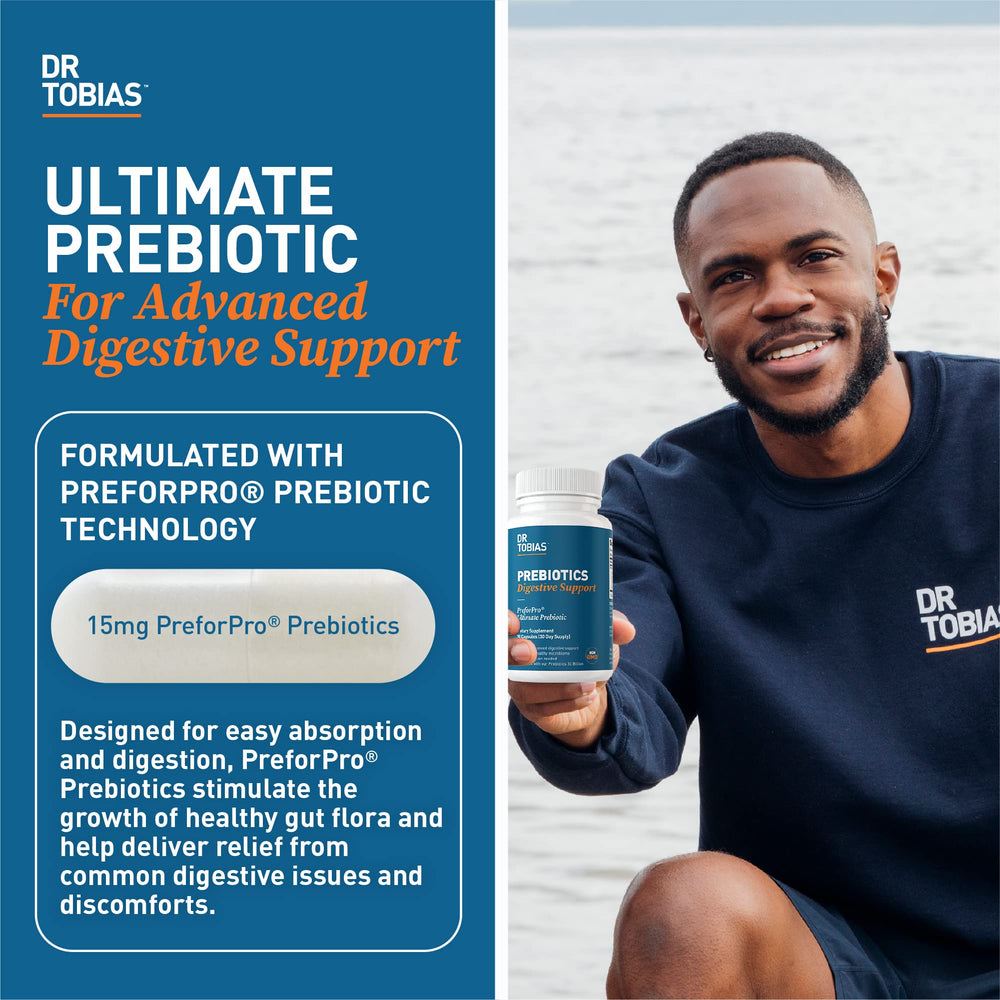 Dr. Tobias Prebiotics label close-up shows non-GMO and vegan claims.