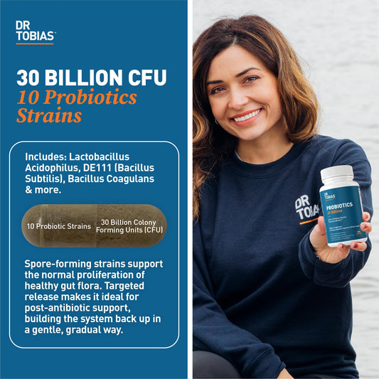 Close-up of Dr. Tobias Probiotics label showing 30 Billion CFU and 10 strains