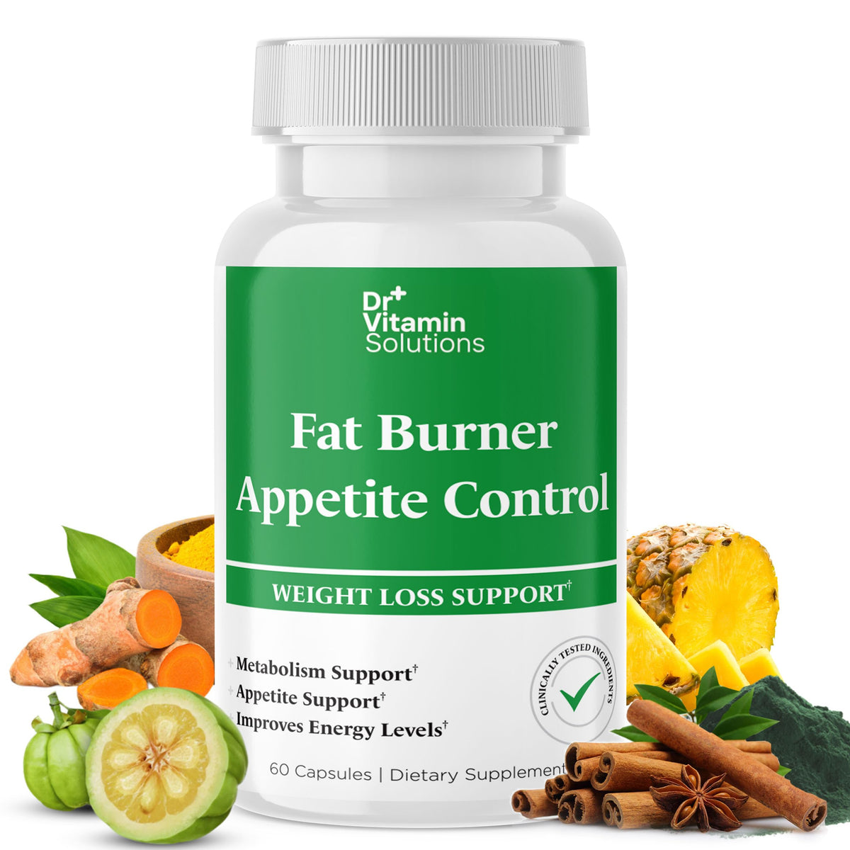 Dr Vitamin Solutions Fat Burner bottle on white background