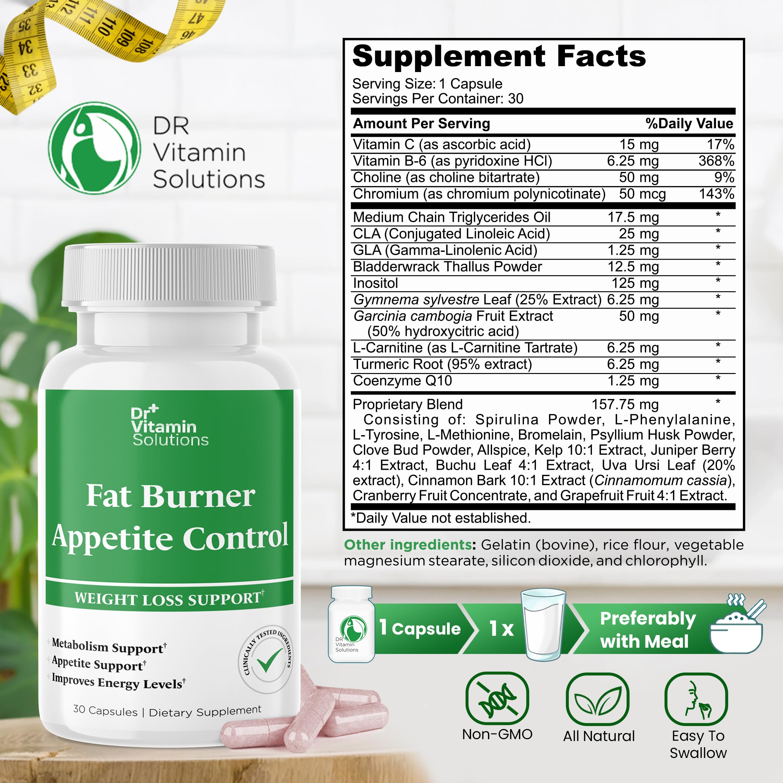 Close-up of DR VITAMIN SOLUTIONS Fat Burner label