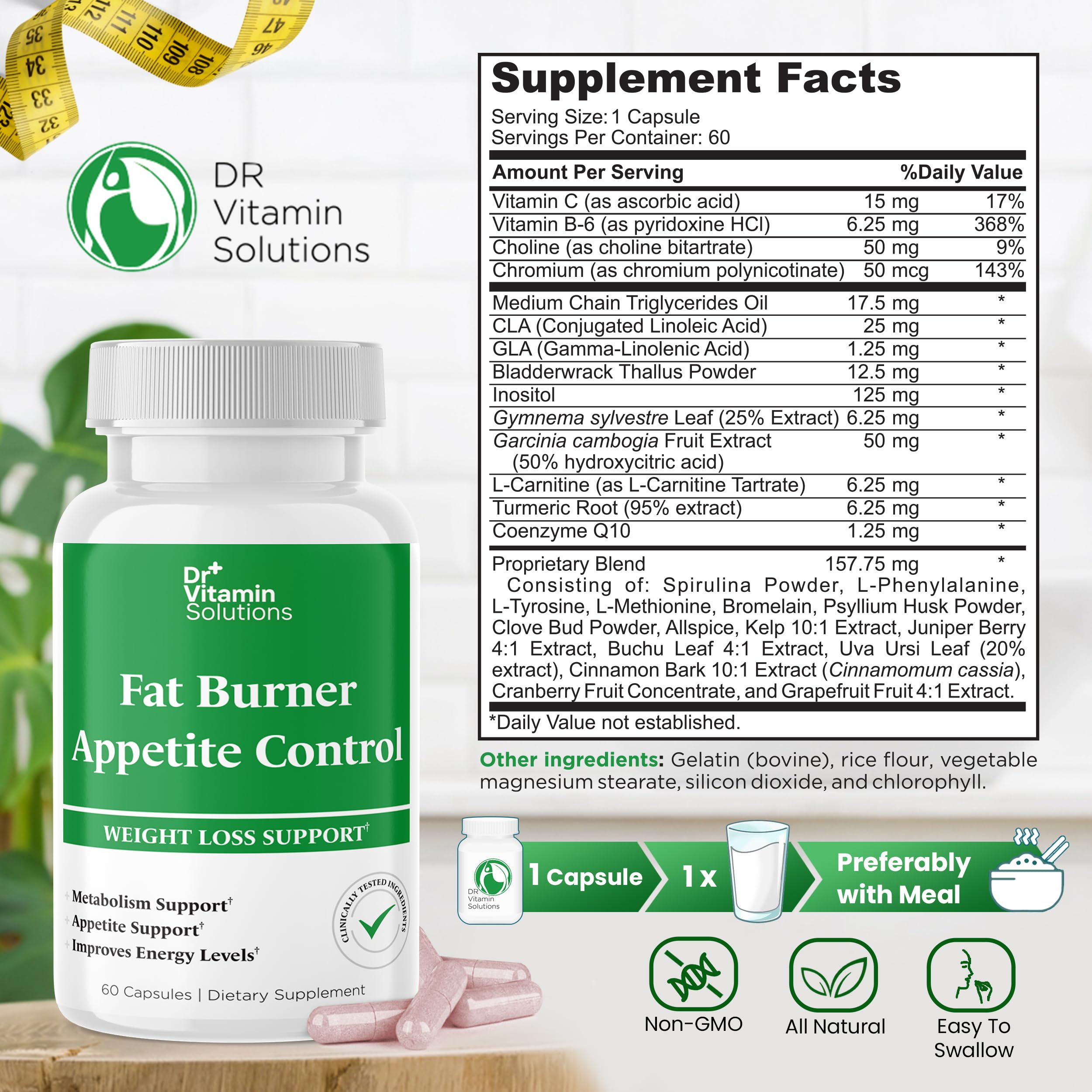 Close-up of Fat Burner bottle label and 60 capsules