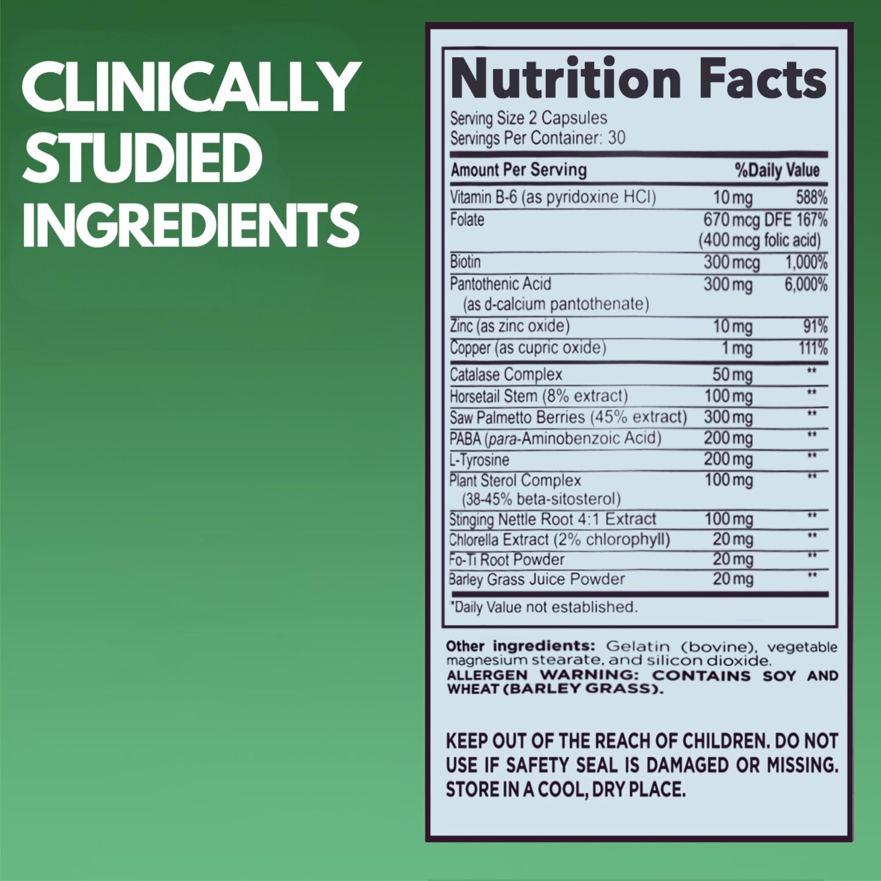 Close-up of supplement ingredients including Catalase and Saw Palmetto