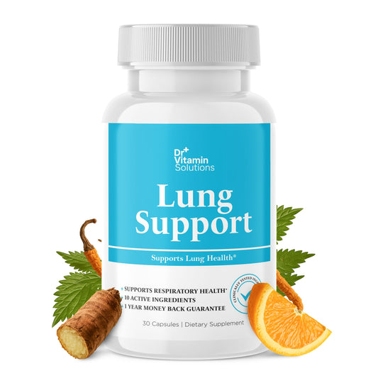 Dr Vitamin Solutions Lung Detox bottle with 10-in-1 ingredients close-up