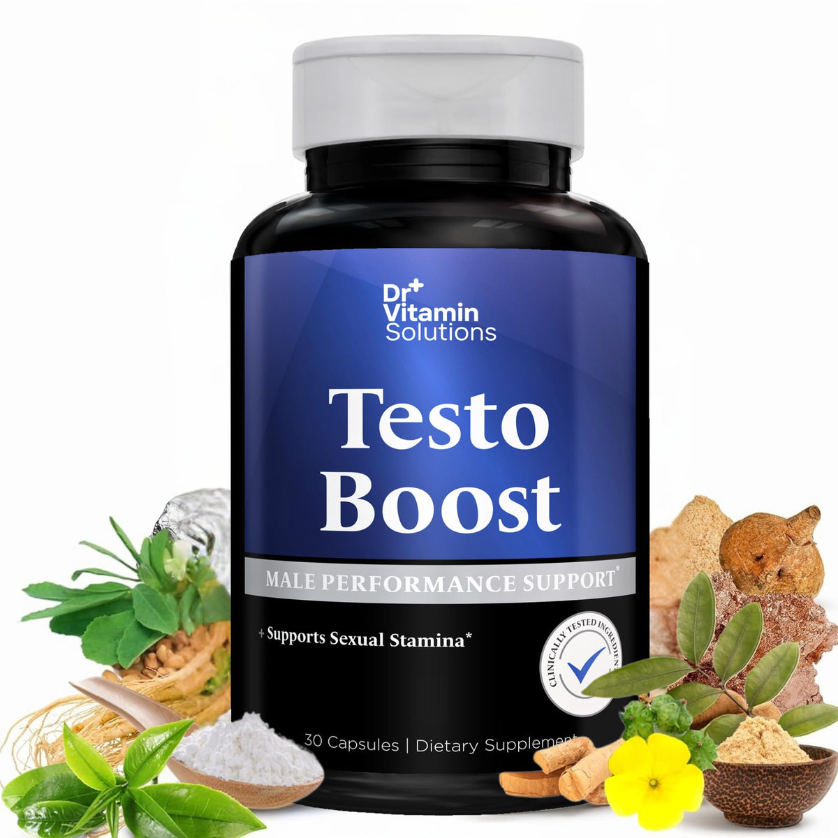 DR VITAMIN SOLUTIONS Testo Boost bottle on white background