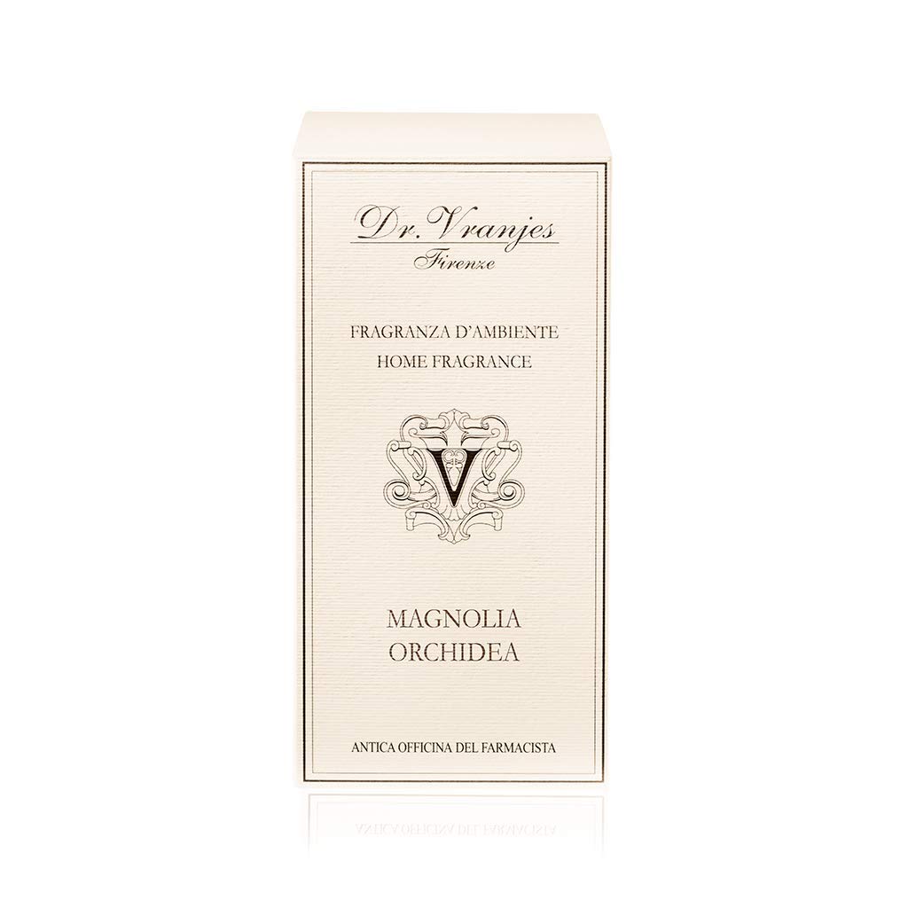 Dr. Vranjes Magnolia Orchidea bottle on a shelf showcases elegant Italian craftsmanship.