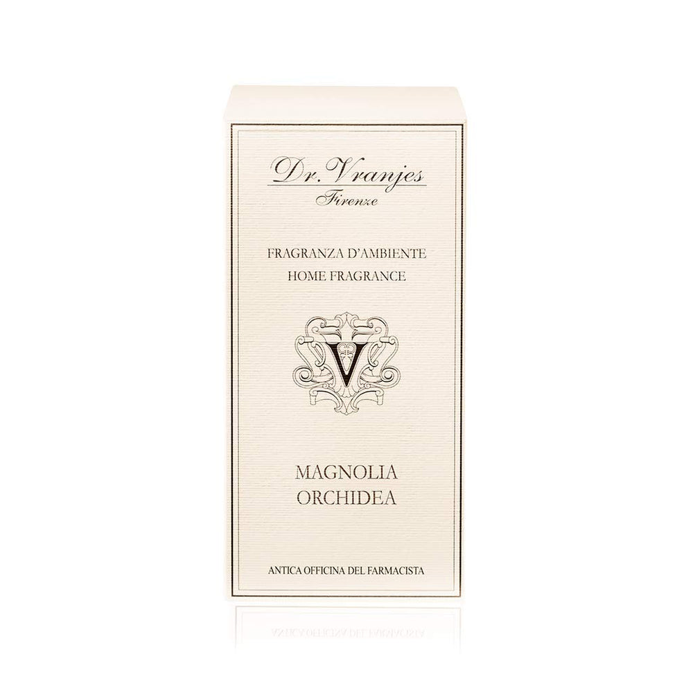 Dr. Vranjes Magnolia Orchidea bottle on a shelf showcases elegant Italian craftsmanship.